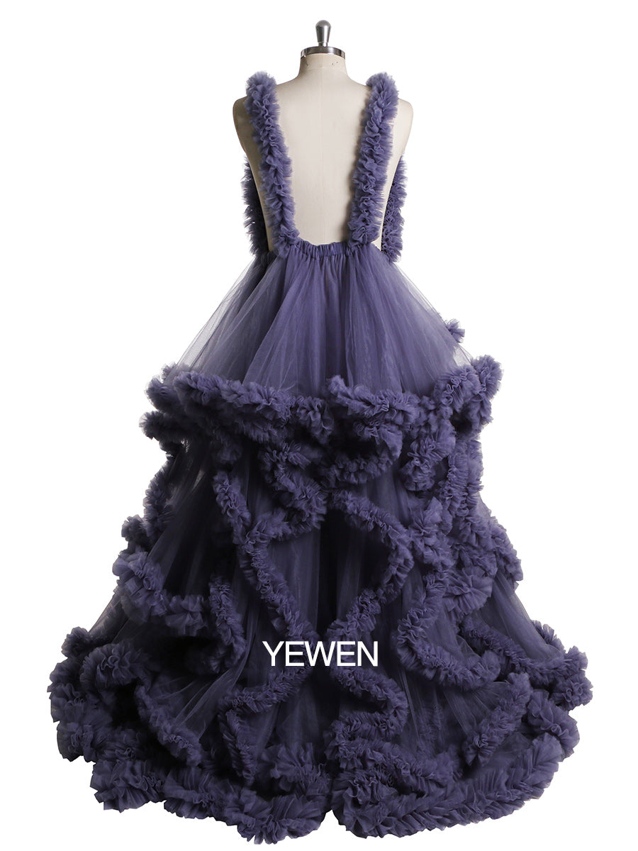 Backless tulle photoshoot dress with elegant ruffle layers designed for maternity photography