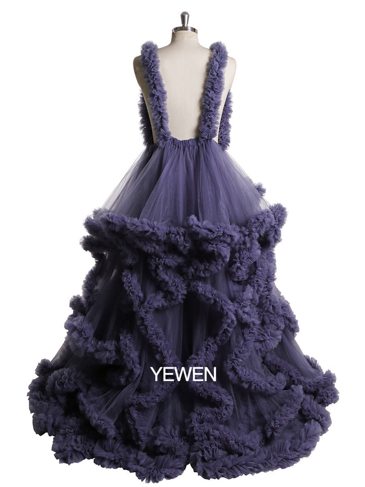 Backless tulle photoshoot dress with elegant ruffle layers designed for maternity photography