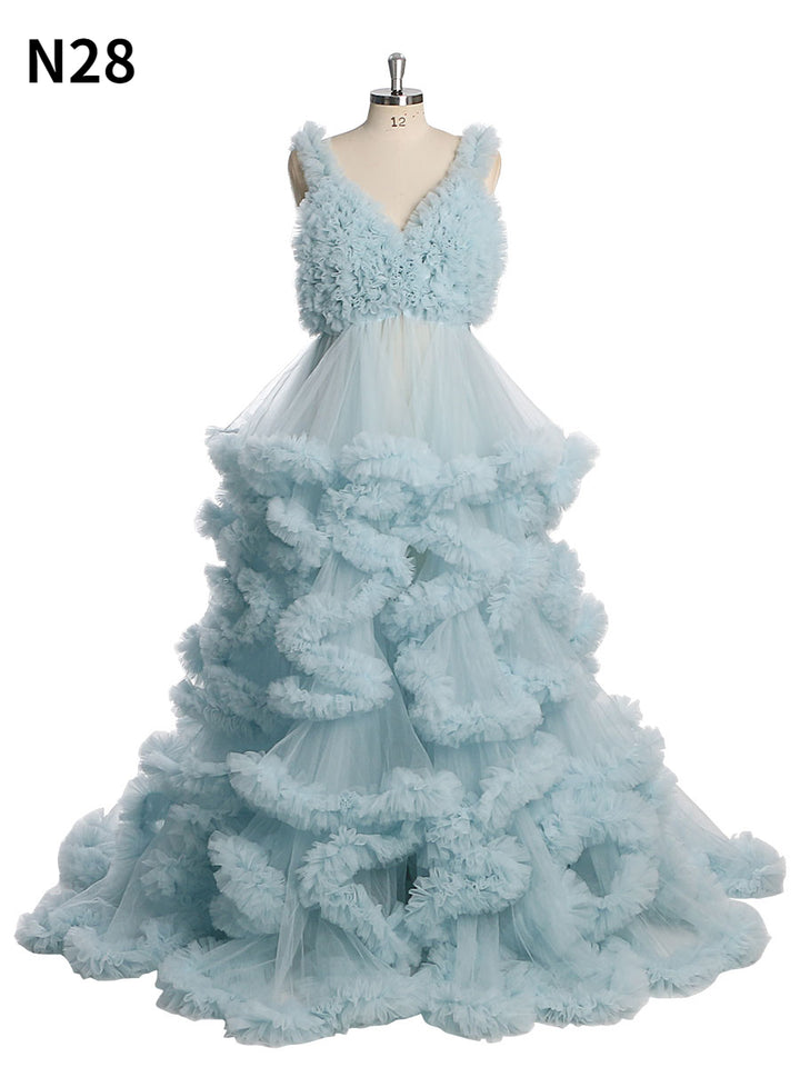 Backless light blue tulle photoshoot dress with elegant ruffle layers designed for maternity photography