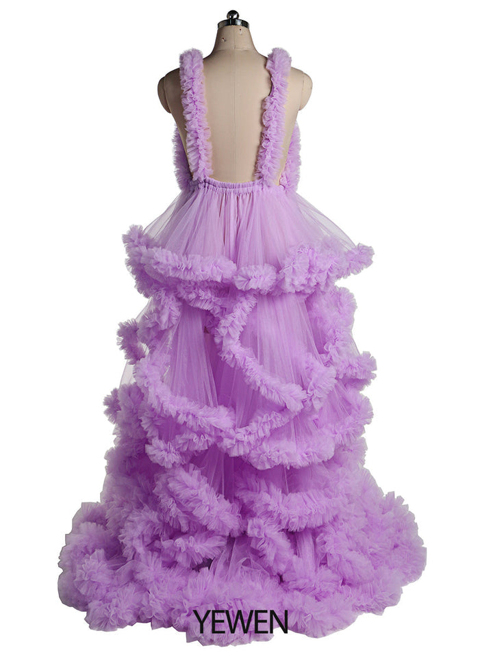 Backless purple tulle photoshoot dress with elegant ruffle layers designed for maternity photography