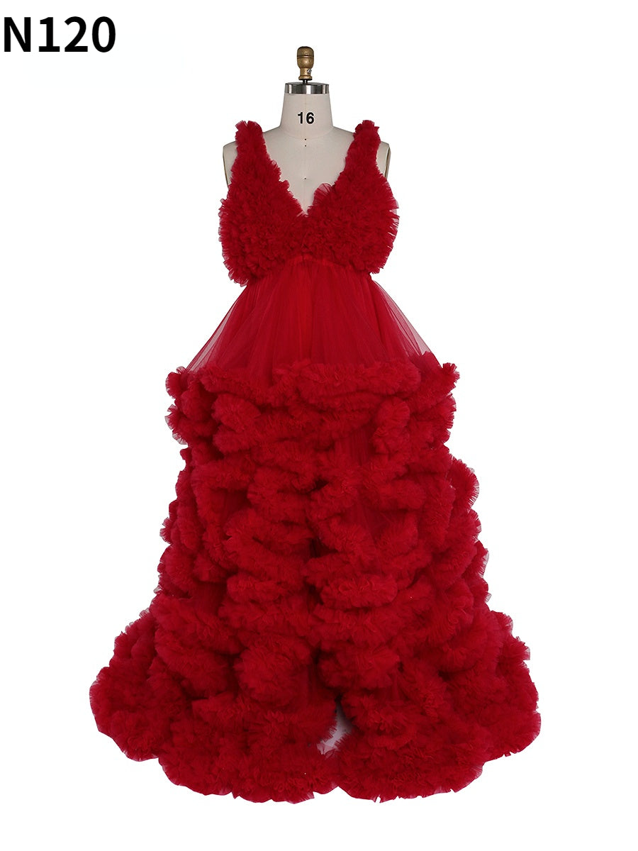 Backless red tulle photoshoot dress with elegant ruffle layers designed for maternity photography