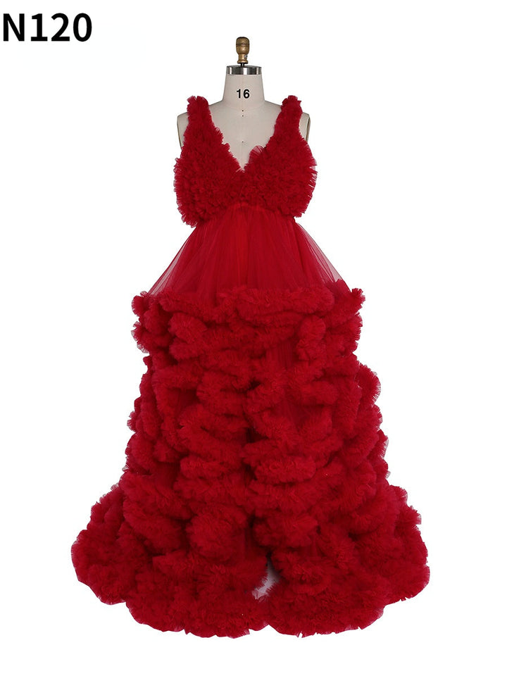 Backless red tulle photoshoot dress with elegant ruffle layers designed for maternity photography