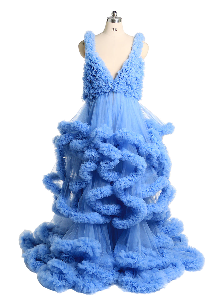 Front view of blue tulle photoshoot dress with deep V-neck and layered cloud ruffles for pregnancy photography