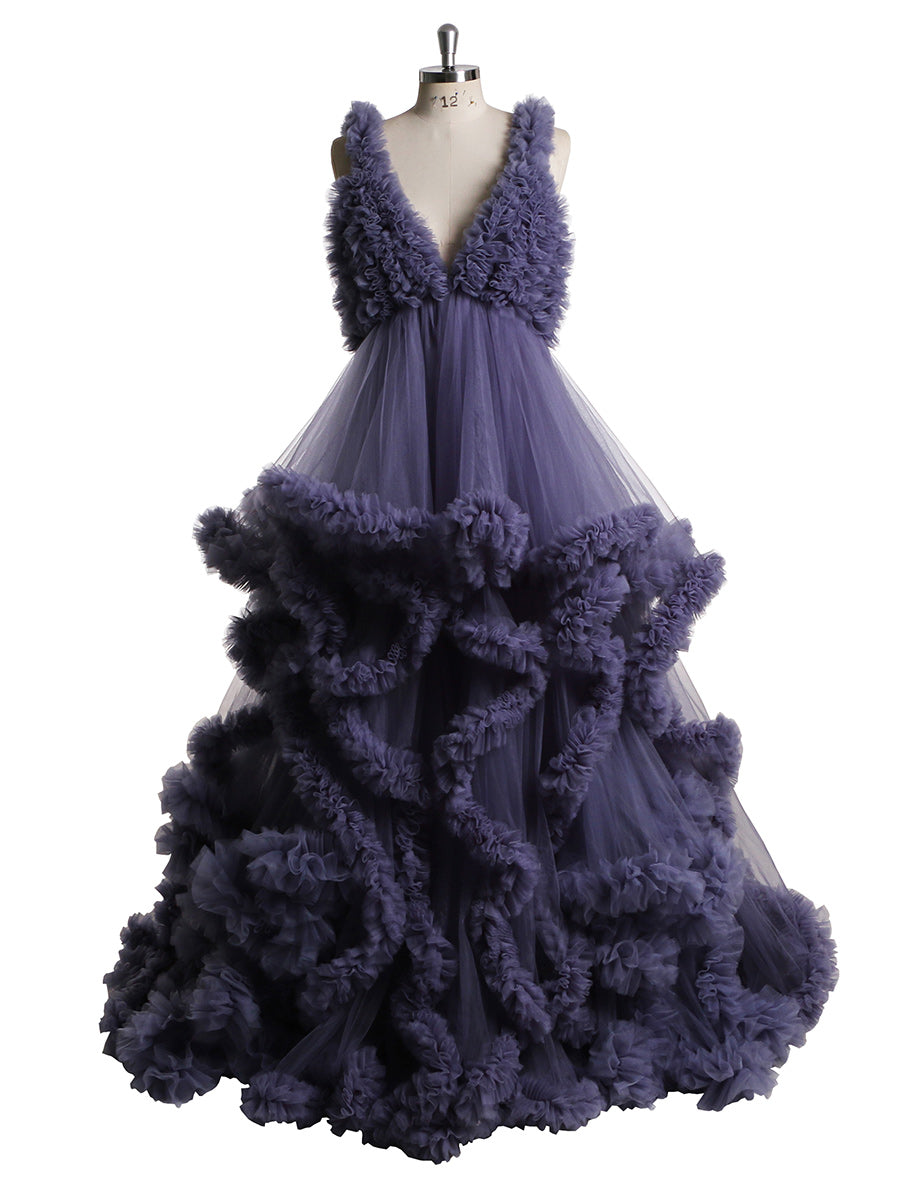 Front view of tulle photoshoot dress with deep V-neck and layered cloud ruffles for pregnancy photography