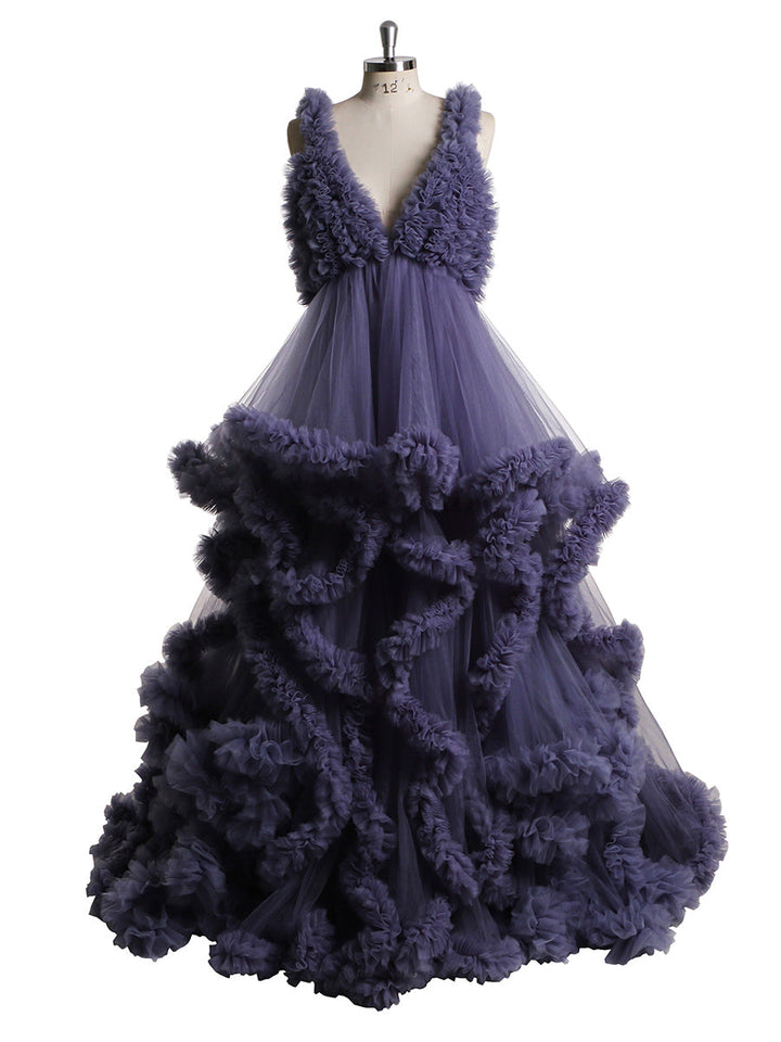 Front view of tulle photoshoot dress with deep V-neck and layered cloud ruffles for pregnancy photography