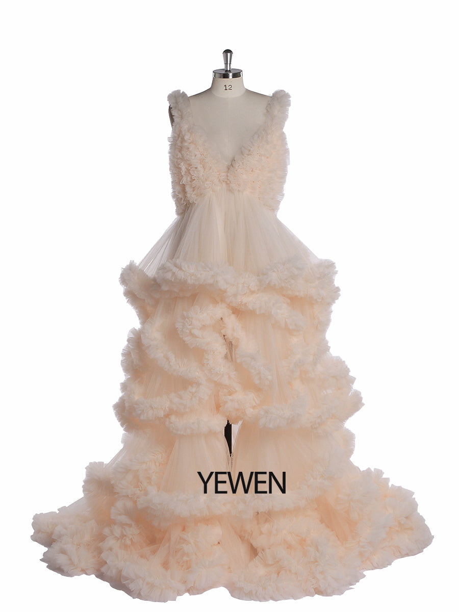Front view of tulle photoshoot dress with deep V-neck and layered cloud ruffles