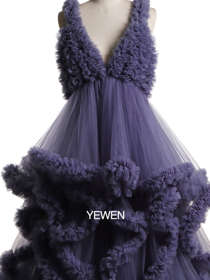 Close-up of soft tulle fabric and cloud-like ruffle details on maternity photoshoot dress