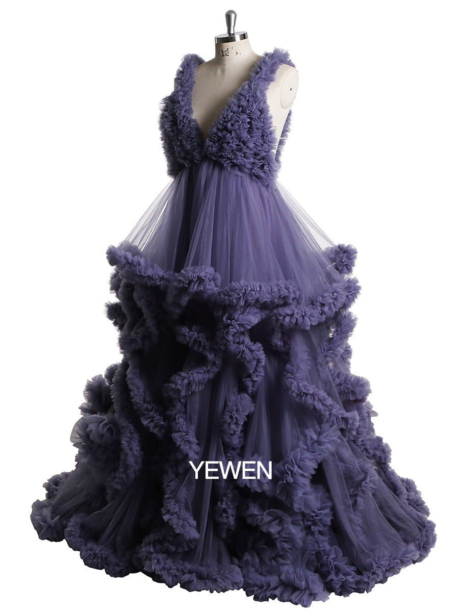 Side view of tulle photoshoot dress showing soft flowing cloud ruffles and elegant maternity silhouette