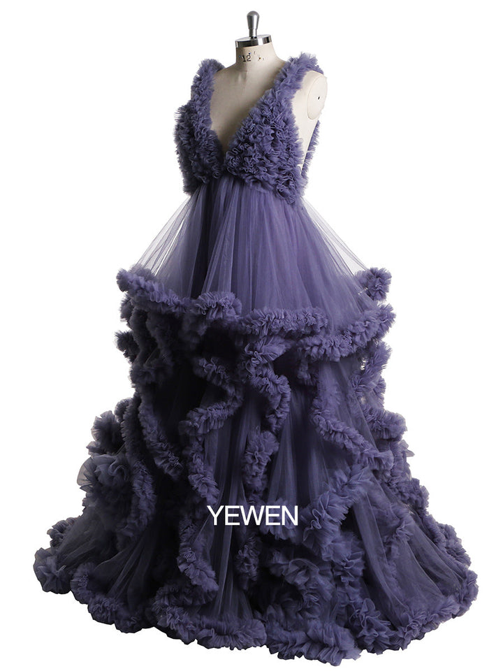 Side view of tulle photoshoot dress showing soft flowing cloud ruffles and elegant maternity silhouette