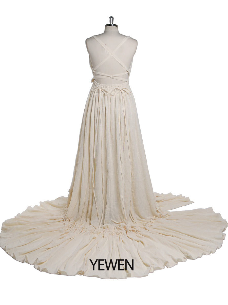 Back view of white V neck photography dress with stretch waist design for maternity and baby shower photography sessions