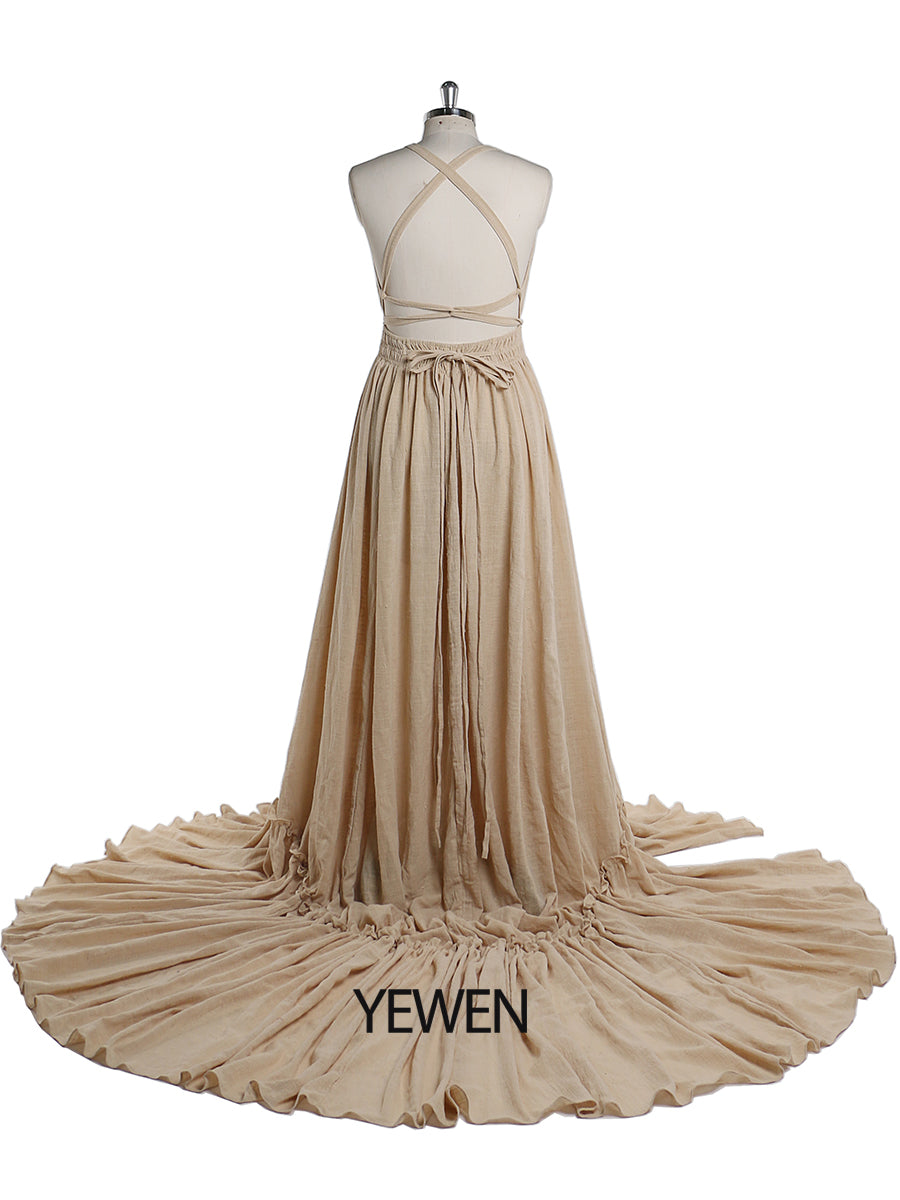 Back view of kahaki V neck photography dress with stretch waist design for maternity and baby shower photography sessions