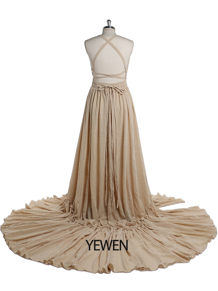 Back view of kahaki V neck photography dress with stretch waist design for maternity and baby shower photography sessions