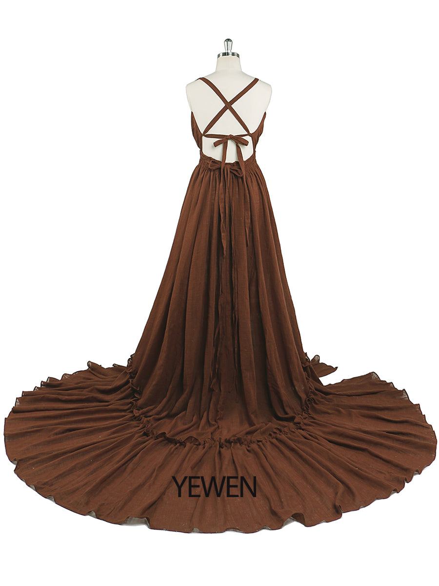 Back view of V neck photography dress with stretch waist design for maternity and baby shower photography sessions