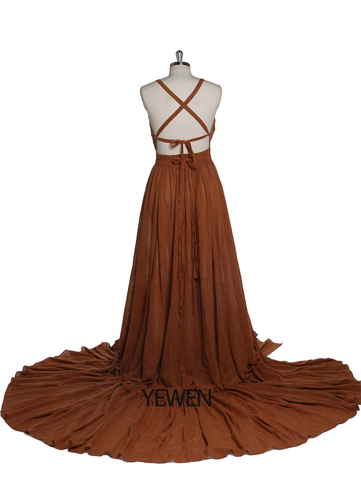 Back view of V neck photography dress with stretch waist design for maternity and photography sessions