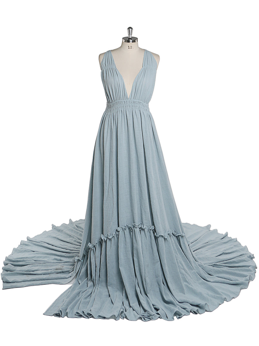 Front view of light blue V neck photography dress featuring stretch waist design and elegant maternity evening gown silhouette
